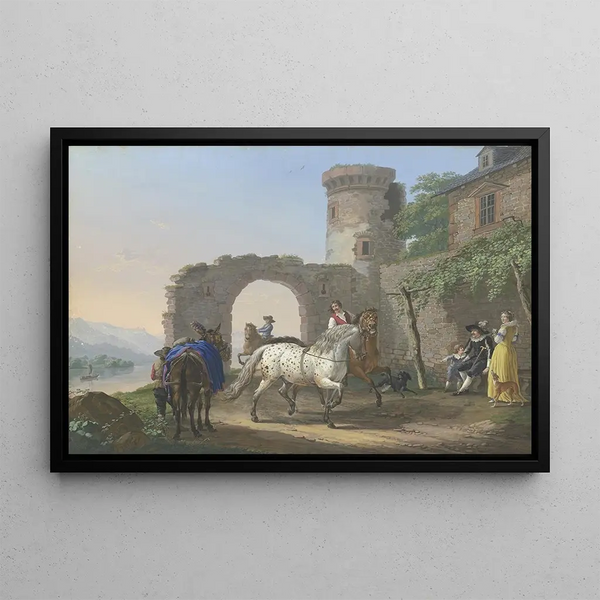 Johann Georg Pforr - Ein Kavalier sitzt mit seiner Frau und seinem Sohn vor seinem Haus und lsst sich einen Schimmel vorfhren.webp
