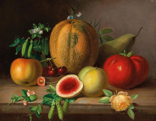 Johann Georg Seitz - A Kitchen Still Life with Melon Tomato Apples Pears and Flowering Pea Pods.webp
