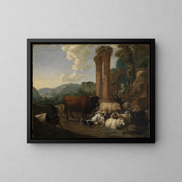 Scena pasterzy na tle krajobrazu ruin rzymskich - Johann Heinrich Roos — oprawiony obraz na ścianie