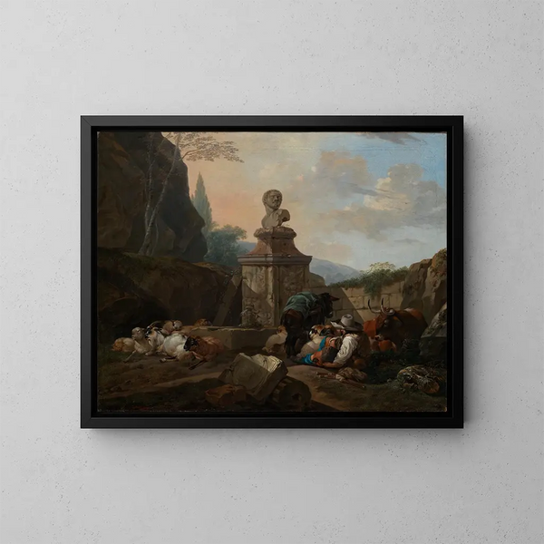 Bergère et troupeau près d'une fontaine romaine - Johann Heinrich Roos — oprawiony obraz na ścianie