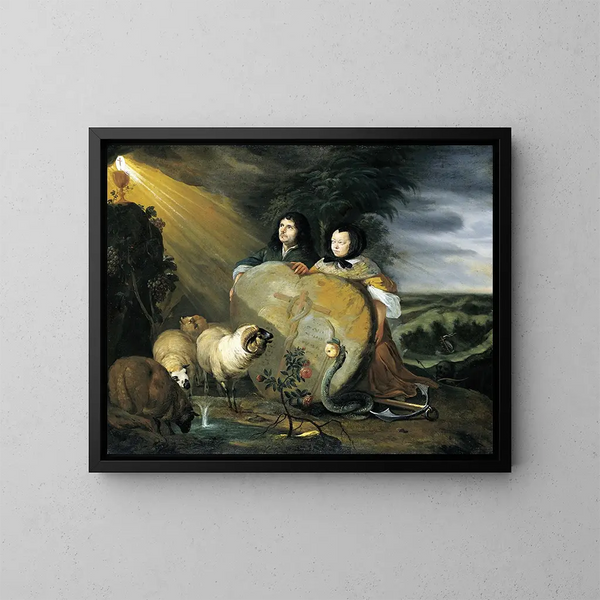 Autoportret z żoną i symbolami wiary chrześcijańskiej - Johann Heinrich Roos — oprawiony obraz na ścianie