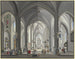 Widok z wnętrza kościoła halenkirche gotyckiego z licznymi postaciami sceny w kostiumach z XVII wieku, po lewej stronie kapłan odprawia mszę 1790 - Johann Ludwig Ernst Morgenstern — widok dzieła