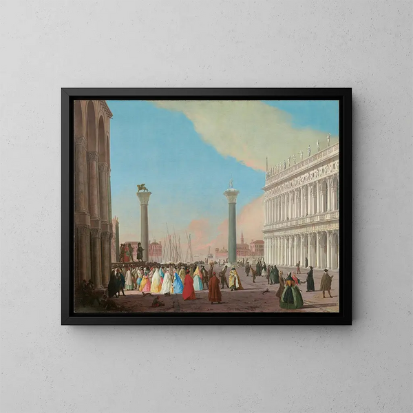 Wenecji, Piazzetta widziana od południa z bazyliki św. Marka z biblioteką i tłumem zgromadzonym, aby obejrzeć występ Commedia dell'arte - Johann Richter — oprawiony obraz na ścianie