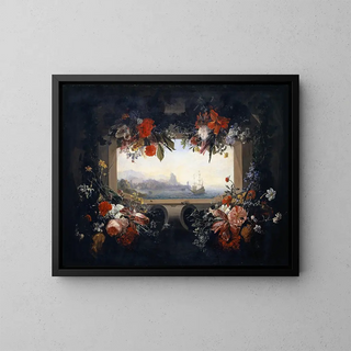 Johann Rudolf Bys - Flower Still Life Cartouche With Garland Inside A View Of A Seaport.webp