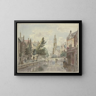 Johannes Huibert Prins - Steinbrcke ber einen Kanal im Hintergrund eine Kathedrale rechts am Haus eine Laterne.webp