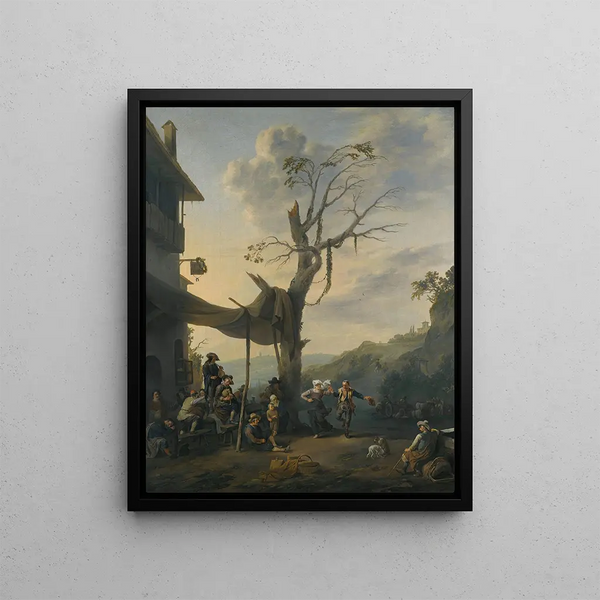 Johannes Lingelbach - Peasants Dancing The Tarantella Outside An Inn In A Hilly Italianate Landscape.webp