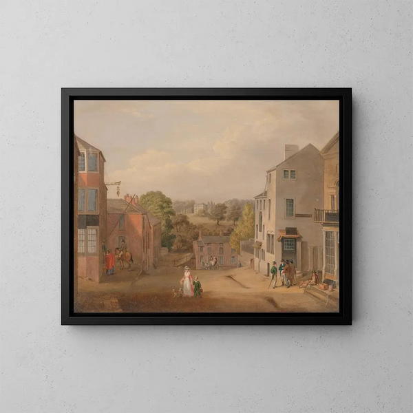 Scena uliczna w Chorley, Lancashire, z widokiem na Chorley Hall - John Bird z Liverpool — oprawiony obraz na ścianie