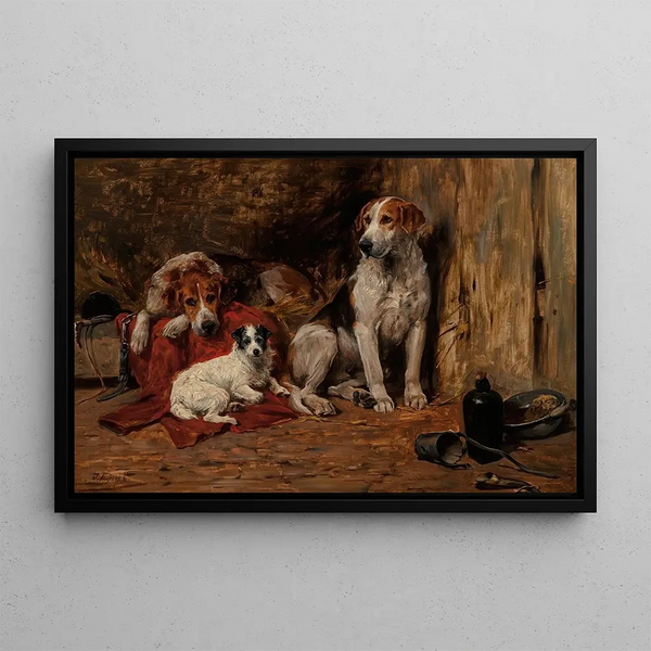 Psów i Jack Russell w stajni - John Emms — oprawiony obraz na ścianie