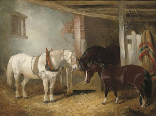 John Frederick Herring Jr - Three horses in a stable feeding from a manger.webp