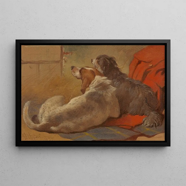 John Frederick Herring Snr - A Hound and a Bearded Collie seated on a Hunting Coat.webp