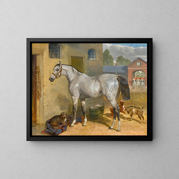 Jeden ze Scots Greys na dziedzińcu z psem i kozami - John Frederick Herring starszy — oprawiony obraz na ścianie