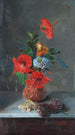 Hibiskus, frezje, dalie i jaskry na marmurowym bufecie - José María Bracho Murillo — widok dzieła