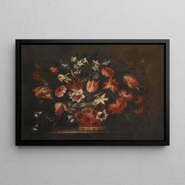 Jos de Arellano - A Still Life With A Basket Of Tulips Carnations And Other Flowers On A Stone Plinth.webp