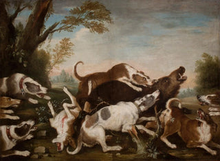Joseph Anton Harzath - Hunting Scene Dogs Attacking Wild Boar.webp