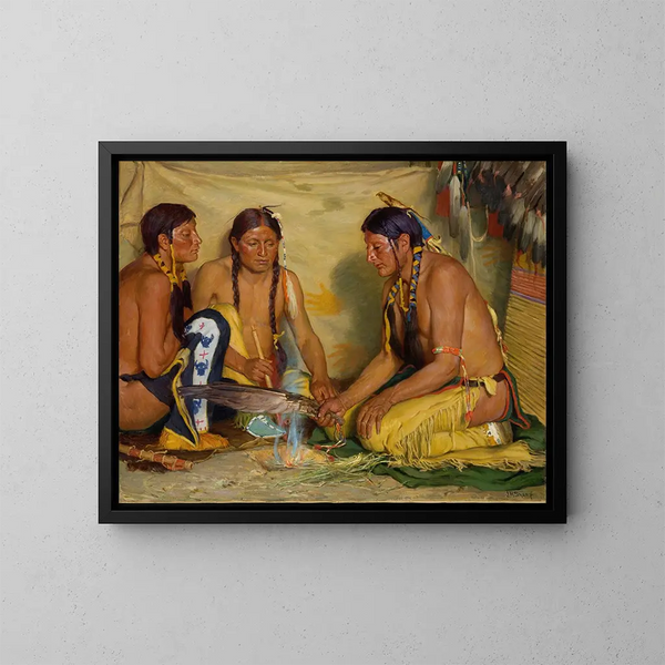 Fabrication de la médecine à base d'herbe douce, cérémonie blackfoot - Joseph Henry Sharp — oprawiony obraz na ścianie