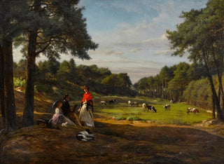 Josephus Laurentius Dyckmans - A pastoral landscape with figures sketching in the foreground.webp