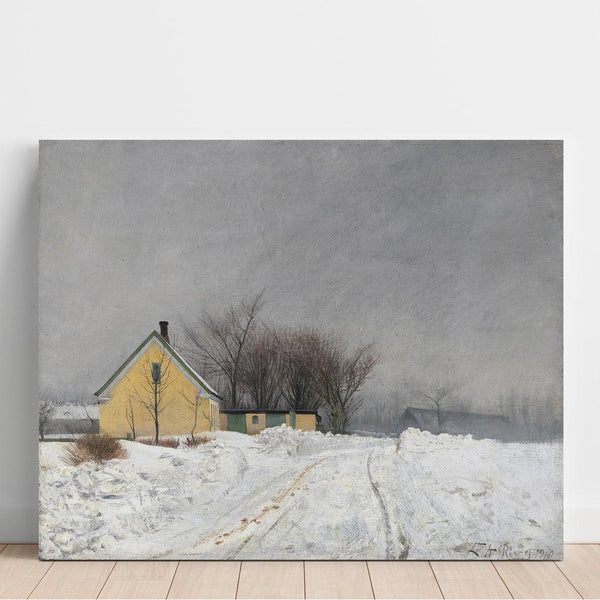Reprodukcja obrazu zimowego dnia z mgłą, po lewej stronie żółty dom, gruba warstwa śniegu - Laurits Andersen Ring