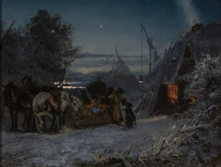 Jozef Chelmonski - Sleigh in front of a hut at night.webp