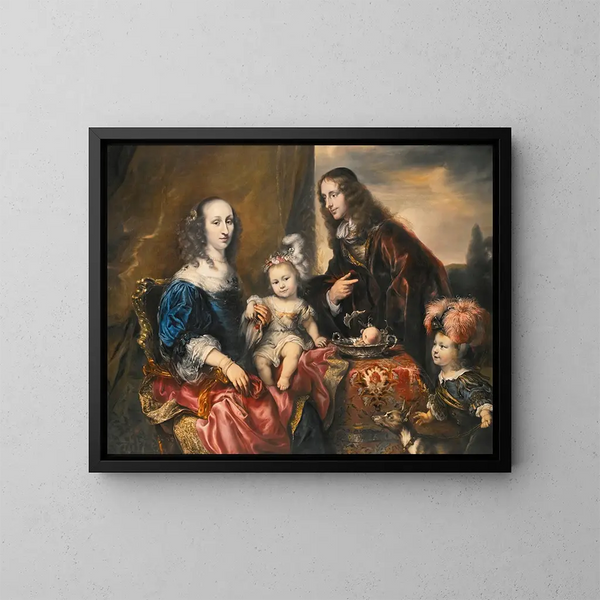 Elegancki portret rodziny, tradycyjnie identyfikowany jako portret pułkownika Johna Hutchinsona (1616-1664) i jego rodziny - Jürgen Ovens — oprawiony obraz na ścianie