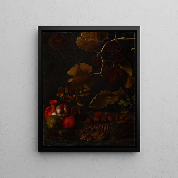 Juan Fernndez el Labrador - Still life with grapes apples chestnuts almonds acorns and a red clay bottle.webp