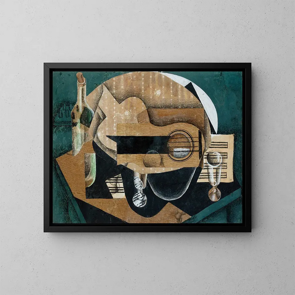 Jedna gitara, okulary i butelka - Juan Gris — oprawiony obraz na ścianie