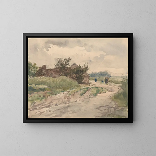 Julius Jacobus van de Sande Bakhuyzen - Landweg met enkele figuren leidend naar een boerderij.webp