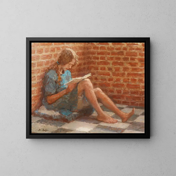 La jeune fille assise près d'un mur de briques - Julius Paulsen — oprawiony obraz na ścianie