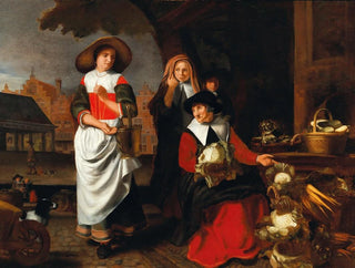 Justus de Gelder - A Town Square With An Old Woman Selling Vegetables At A Market Stall.webp