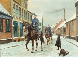 Karl Hansen Reistrup - Landsbygade med dragoner og dreng med slde vinter.webp