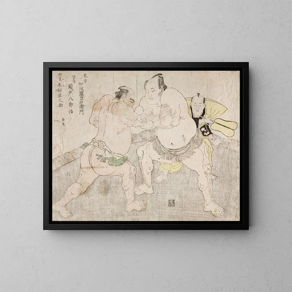 Lutteurs Kajigahama Rikiemon z grupy orientalnej i Sekinoto Hachirji z Edo z sędzią Kimura Shnosuke - Katsukawa Shunshō — oprawiony obraz na ścianie