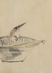 Ptak usiadł na brzegu miski, z głową pochyloną, patrząc na naczynie w misce - Katsushika Hokusai — widok dzieła