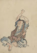 Mężczyzna zwrócony w lewo, ubrany w kilka warstw odzieży, siedzący, z rękami uniesionymi nad głową, praktykujący jogę - Katsushika Hokusai — widok dzieła