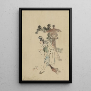 Katsushika Hokusai - A man sweeping pine needles that have fallen from a tree near a stone shrine.webp