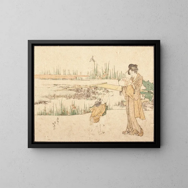 Kobieta i dziecko w ogrodzie, fragment od Sprzedawcy karpi - Katsushika Hokusai — oprawiony obraz na ścianie