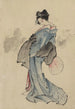 Portret w pełnej postaci kobiety stojącej, z profilu lewej strony, trzymającej wachlarz w prawej ręce, noszącej kimono w wzór kratki - Katsushika Hokusai — widok dzieła