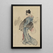 Portret w pełnej postaci kobiety stojącej, z profilu lewej strony, trzymającej wachlarz w prawej ręce, noszącej kimono w wzór kratki - Katsushika Hokusai — oprawiony obraz na ścianie