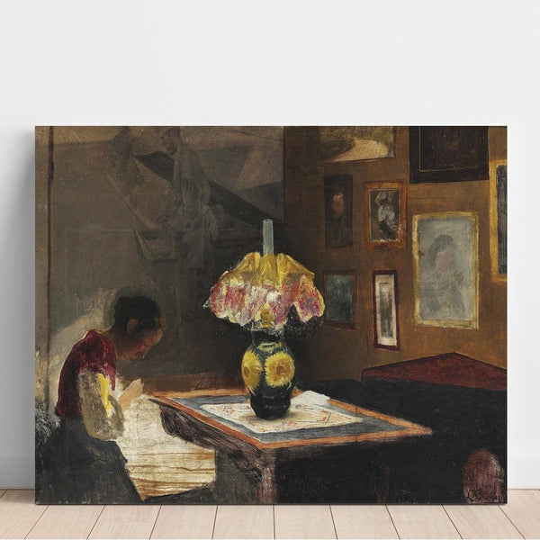 Reprodukcja obrazu Żona artysty Sigrid szyjąca przy świetle lampy - Laurits Andersen Ring
