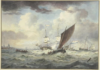Leendert de Koningh - Stark bewegte See mit vielen Schiffen ein groes Schiff ldt eine Kanone davor ein Boot von vorne gesehen links eine Stadt.webp