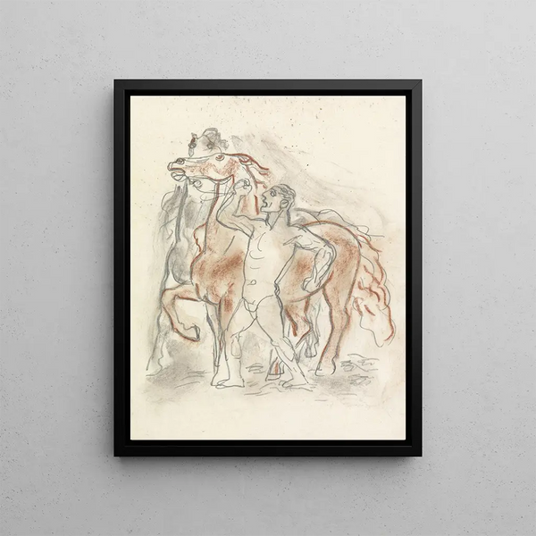 Leo Gestel - Schetsblad met naakte man die twee paarden in bedwang houdt.webp