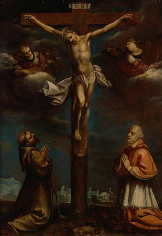 Lombard School - The Crucifixion With St Francis A Cardinal And Two Angels.webp