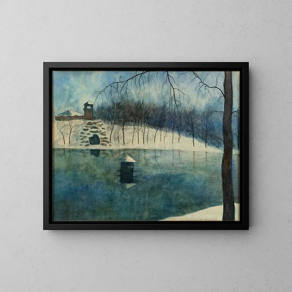 Le parc Léopold d'Ostende avec l'étang et le Trinkhall sous la neige - Léon Spilliaert — oprawiony obraz na ścianie