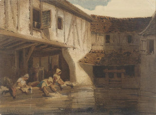 LouisAdolphe Hervier - Wassende vrouwen in een open hal van een huizencomplex aan het water.webp