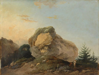 Louis Gabriel Moreau - A hilly landscape with a large rock and a shepherd and shepherdess with their flock.webp