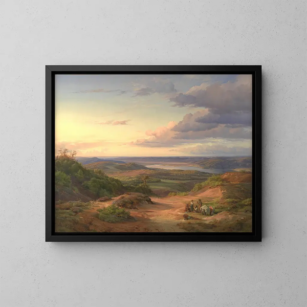 Krajobraz w pobliżu Himmelbjerget, Jutlandia. Na pierwszym planie, rodzina cygańska. - Louis Gurlitt — oprawiony obraz na ścianie