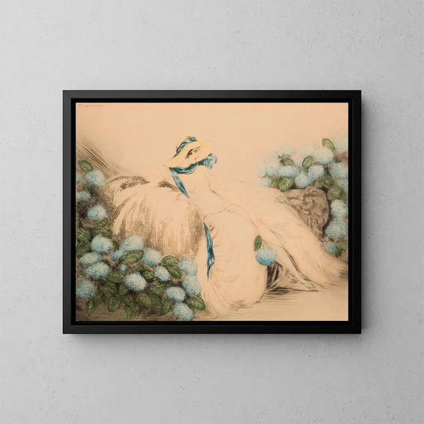 Dame aux fleurs bleues - Louis Icart — oprawiony obraz na ścianie
