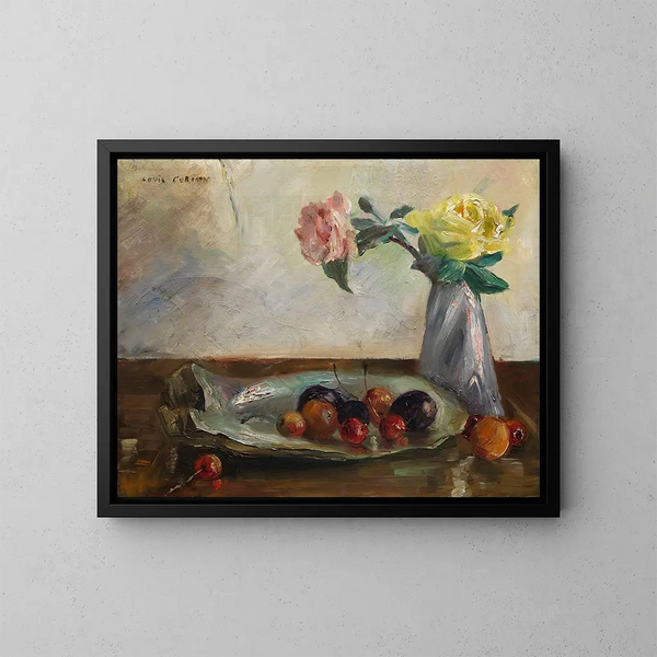 Martwa natura z kwiatami w wazonie, muszlą i owocami - Lovis Corinth — oprawiony obraz na ścianie