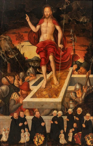 Lucas Cranach the Younger - An epitaph The Resurrected Christ with a donor family.webp