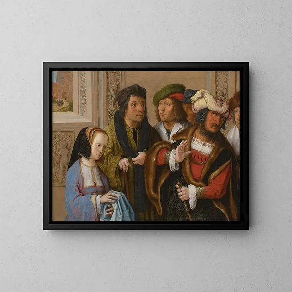 La femme de Potiphar montre à son mari le manteau de Joseph, en arrière-plan Joseph est emmené en prison. - Lucas van Leyden — oprawiony obraz na ścianie