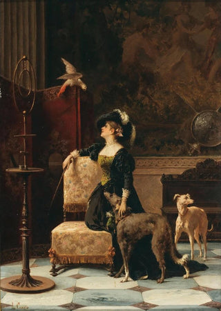 Luigi Crosio - A Lady with Greyhounds and a Parrot.webp