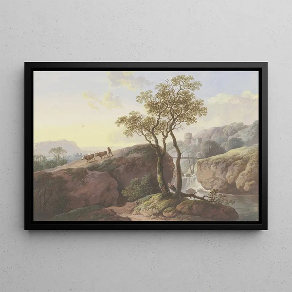 Maria Dorothea Wagner - Landschaft mit einem Wasserfall ber den ein Steg fhrt links treibt ein Bauer zwei Khe zu Tal im Hintergrund eine Ruine.webp